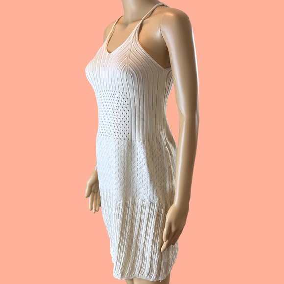 Womens Ribbed Beach Slip Dress Large L Ivory Crochet Stretch Knee Length beach - Picture 1 of 11